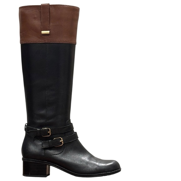 NWOT Bandolino Carlotta Riding Boots Leather Size 5M Black Cognac Zipper - Picture 2 of 12